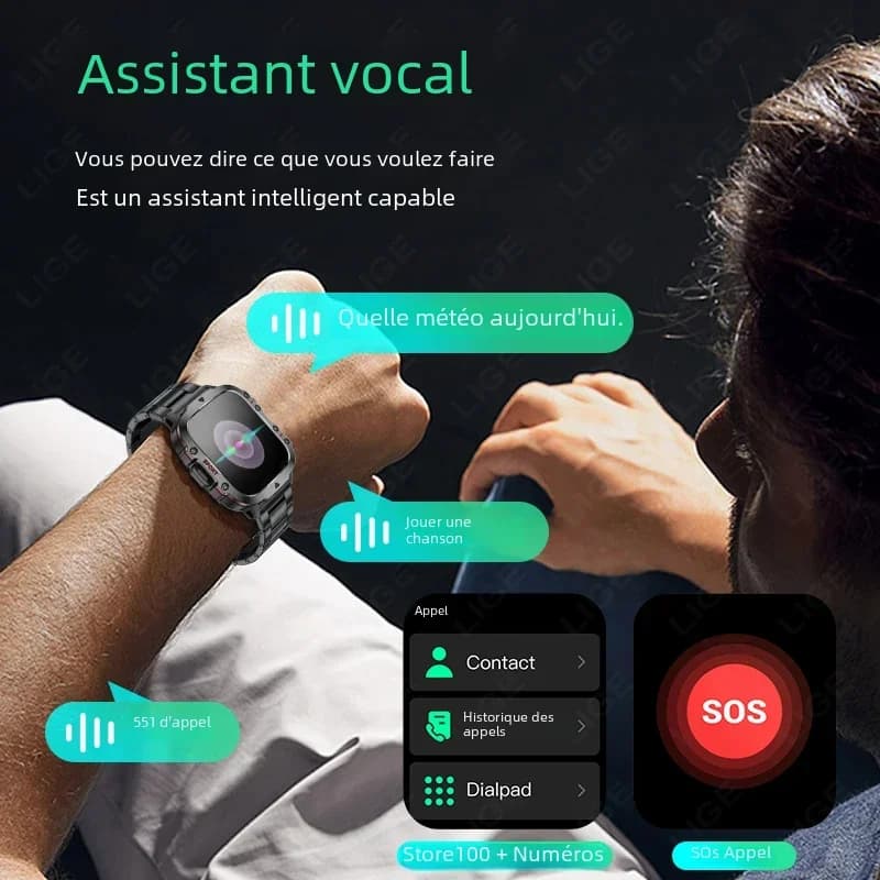 Montre connectée militaire étanche IP68 pour hommes - Smartwatch robuste avec appels Bluetooth et IA vocale
