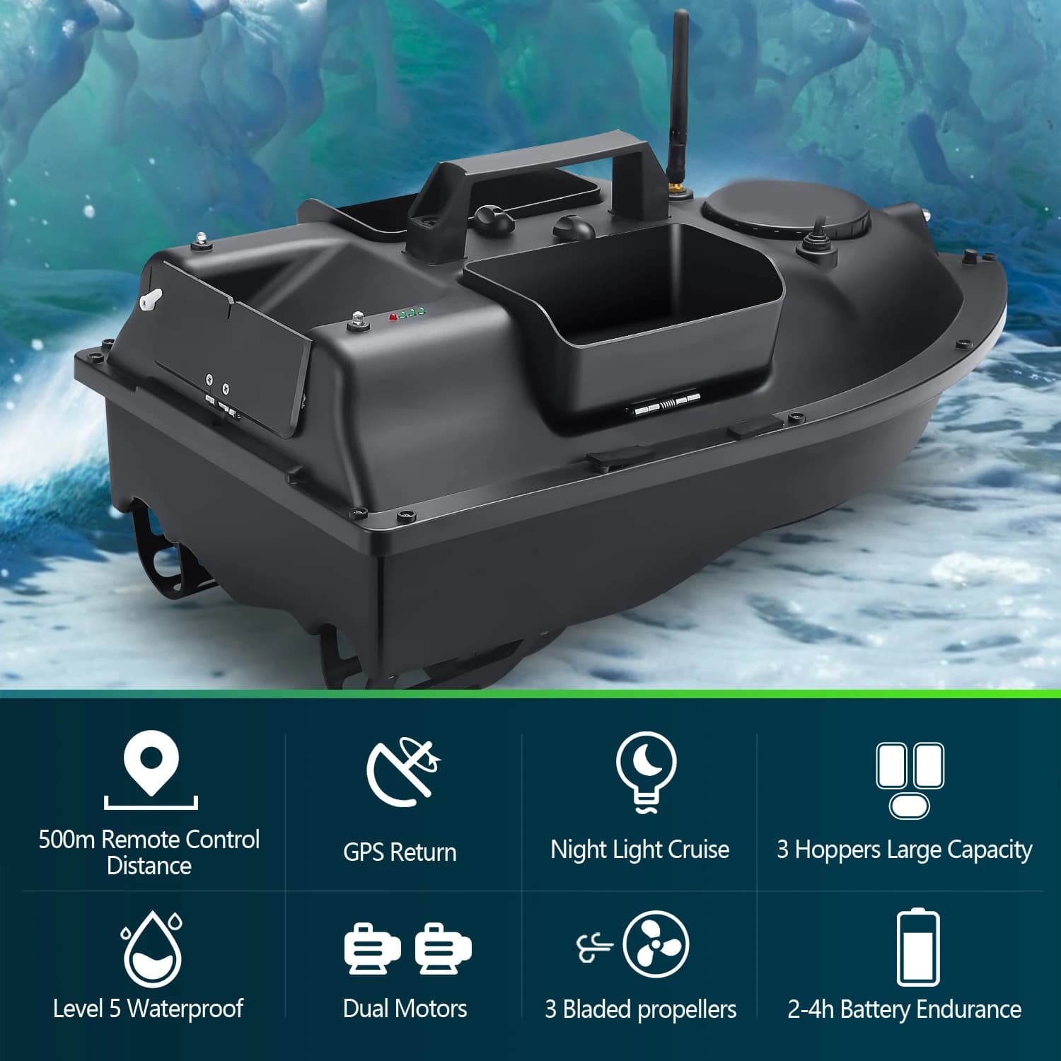 Bateau appât pêche carpe 500m sans fil GPS avec 3 trémies, sondeur LCD et batteries de rechange pour pêche au leurre