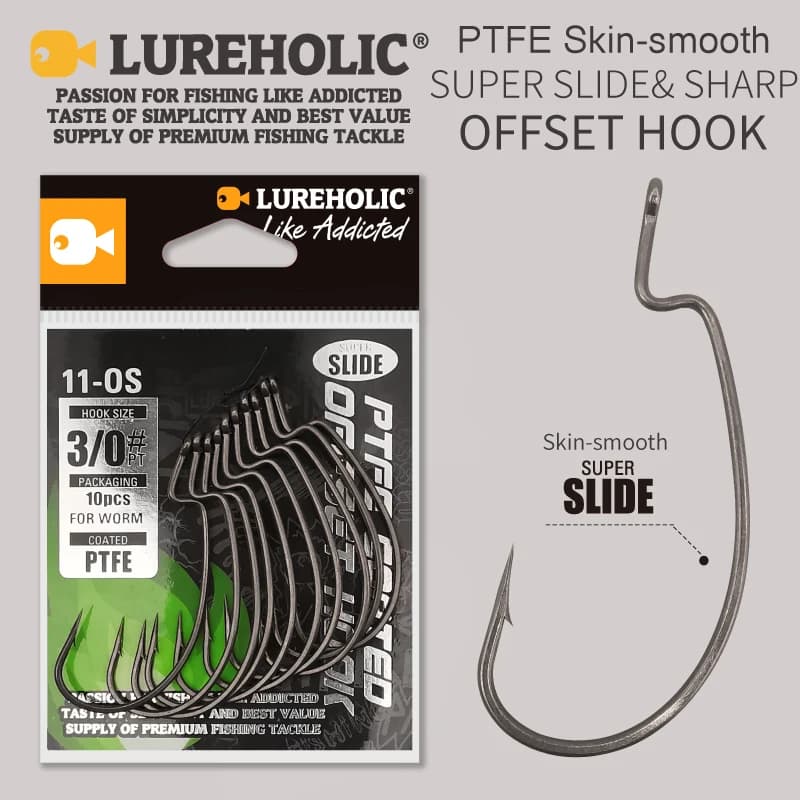Hameçon offset PTFE Super Slide pour leurres souples Texas rig et drop shot en acier inoxydable