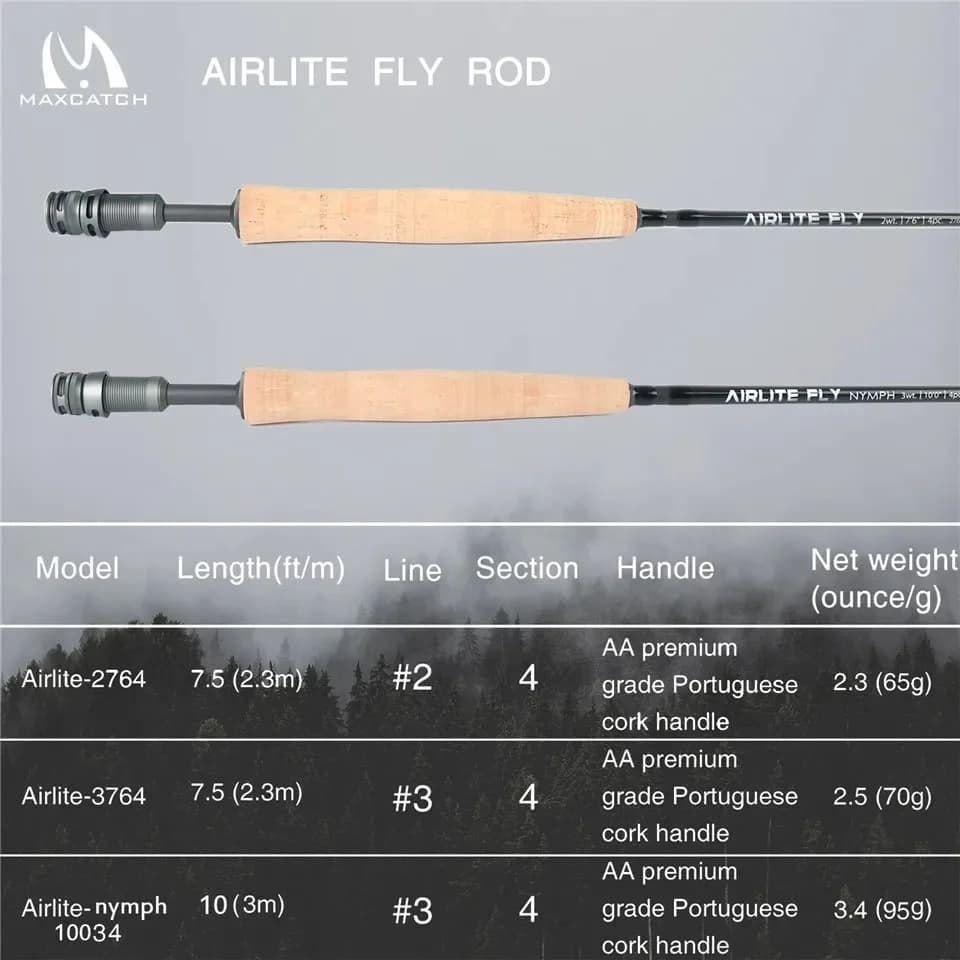 Canne à mouche ultra légère Airlite Maximumcatch 7'6''/10'0'' 2/3WT graphite IM10/30T+36T carbone tube