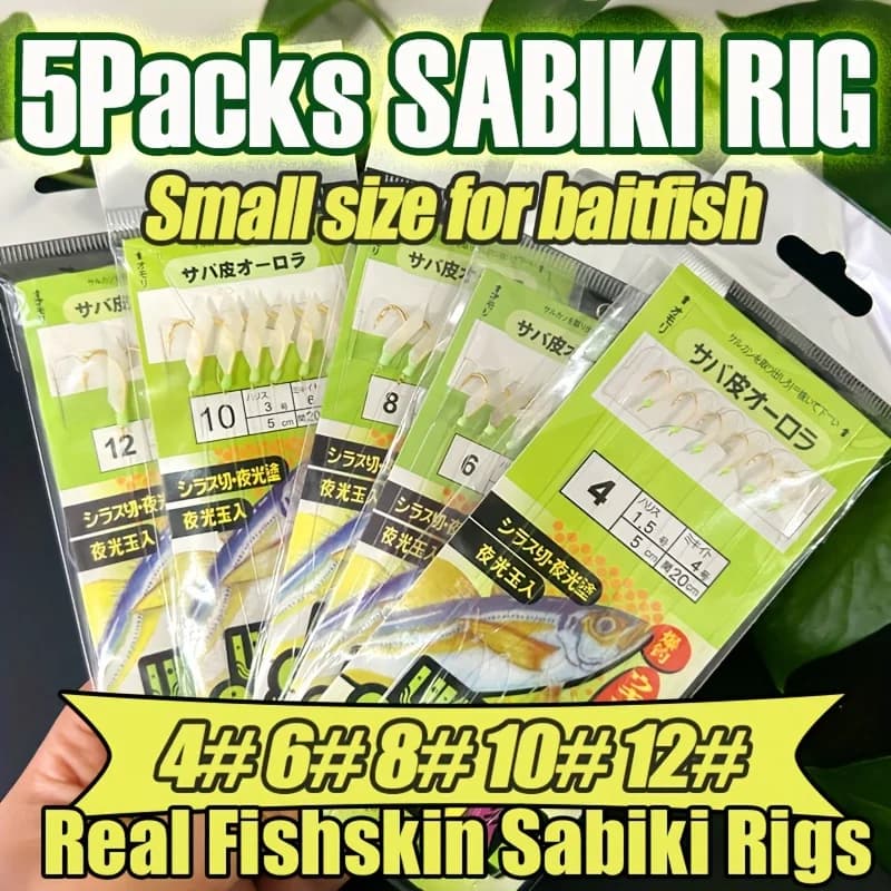 5 packs Sabiki TAKBAS avec hameçons inox et nylon - leurres luminescents pour maquereau et morue