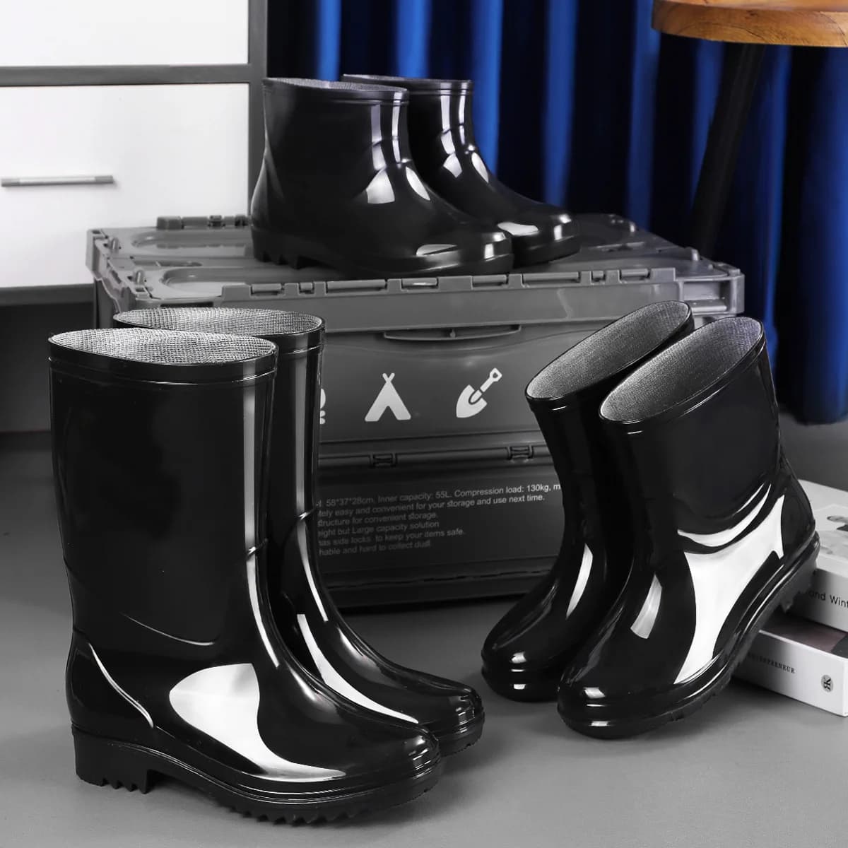 Bottes de pluie homme tube long doublées polaire pêche extérieur antidérapantes chaudes