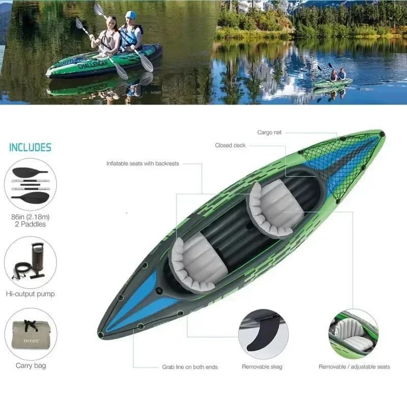 Kayak pêche gonflable portable 2 places - Bateau sports nautiques avec pagaie, pompe et sac de transport