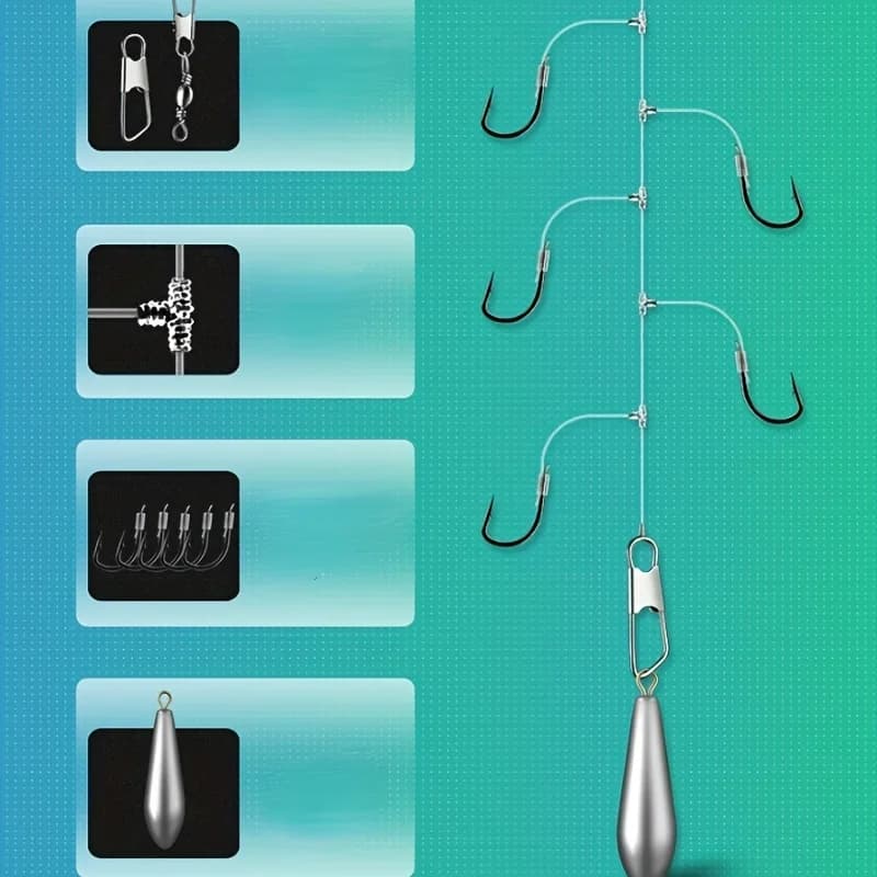 Kit de Hameçons Extra Tranchants T-Shaped - 5 Hameçons avec Fil pour Pêche, Tailles 3# à 10#