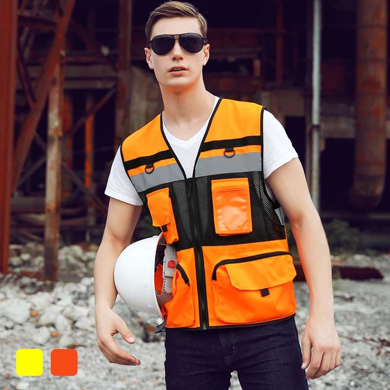 Gilet police circulation orange avec poches - Veste travail construction personnalisable - Équipement sécurité pêche