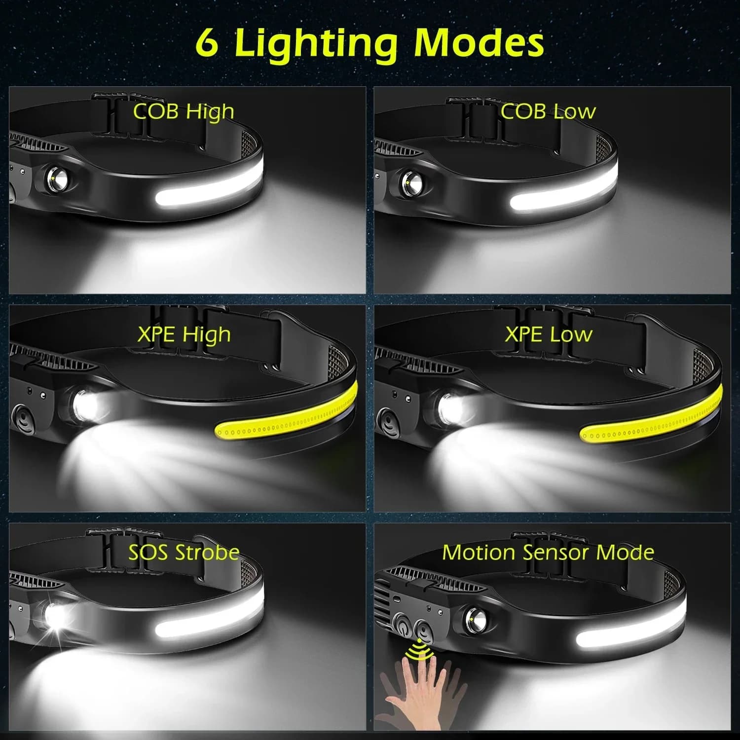 Lampe frontale LED détecteur USB rechargeable COB étanche pêche camping travail