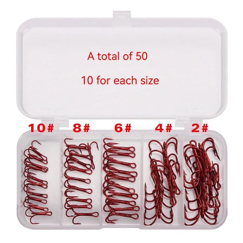 Kit 50 hameçons triples pêche carbone aiguisés - pour leurres appâts eau douce et mer
