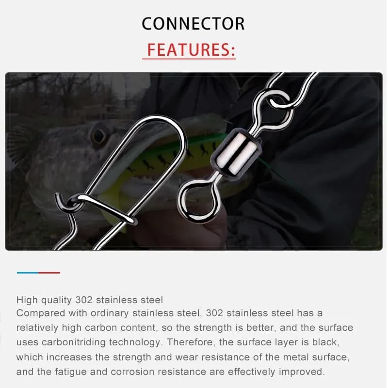 Connecteur de pêche MEREDITH 50 pièces avec roulement à aiguilles, hameçon et émerillon acier inoxydable pour leurres