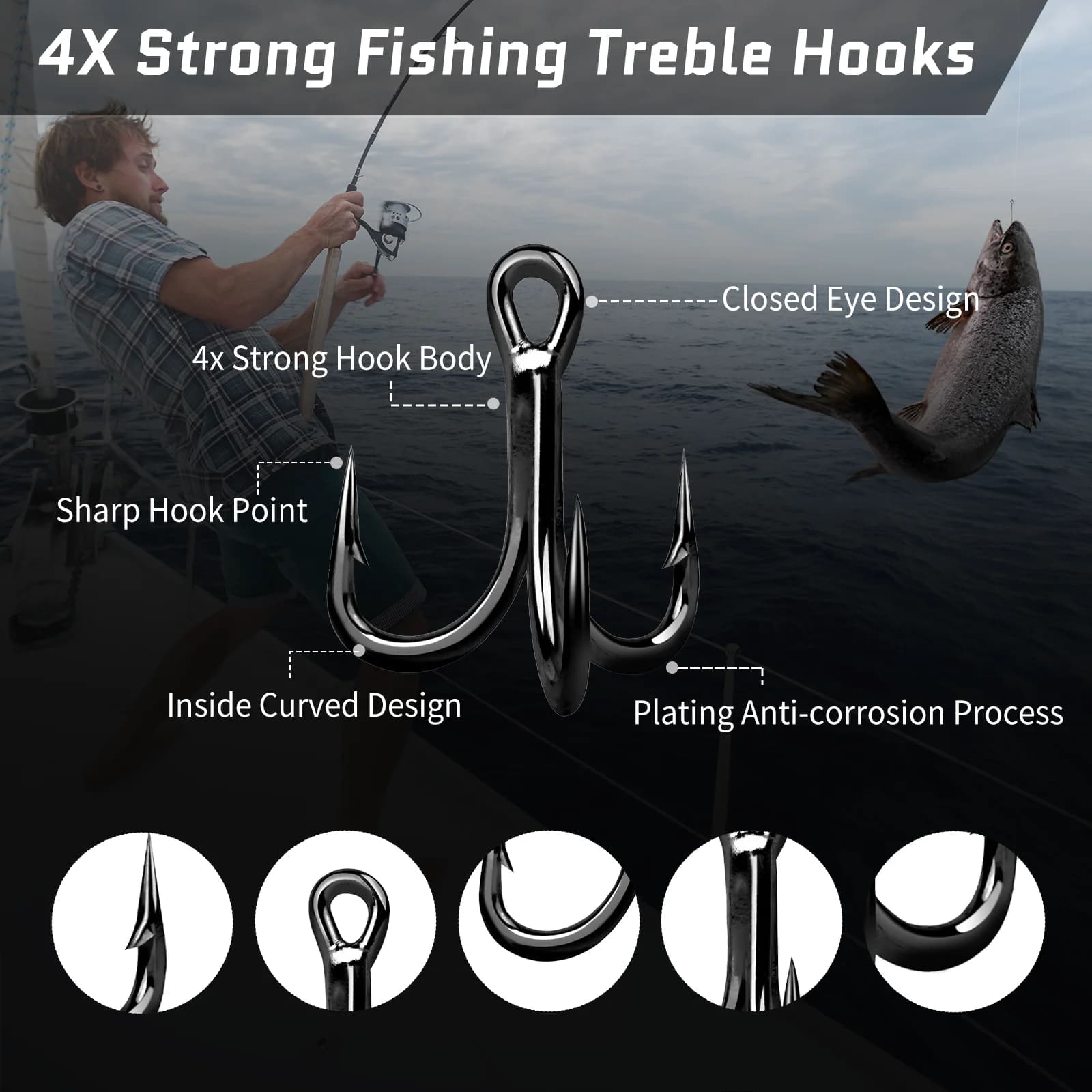 Hameçons triples FishTrip 4X acier carbone pour leurres durs et cuillers pêche mer