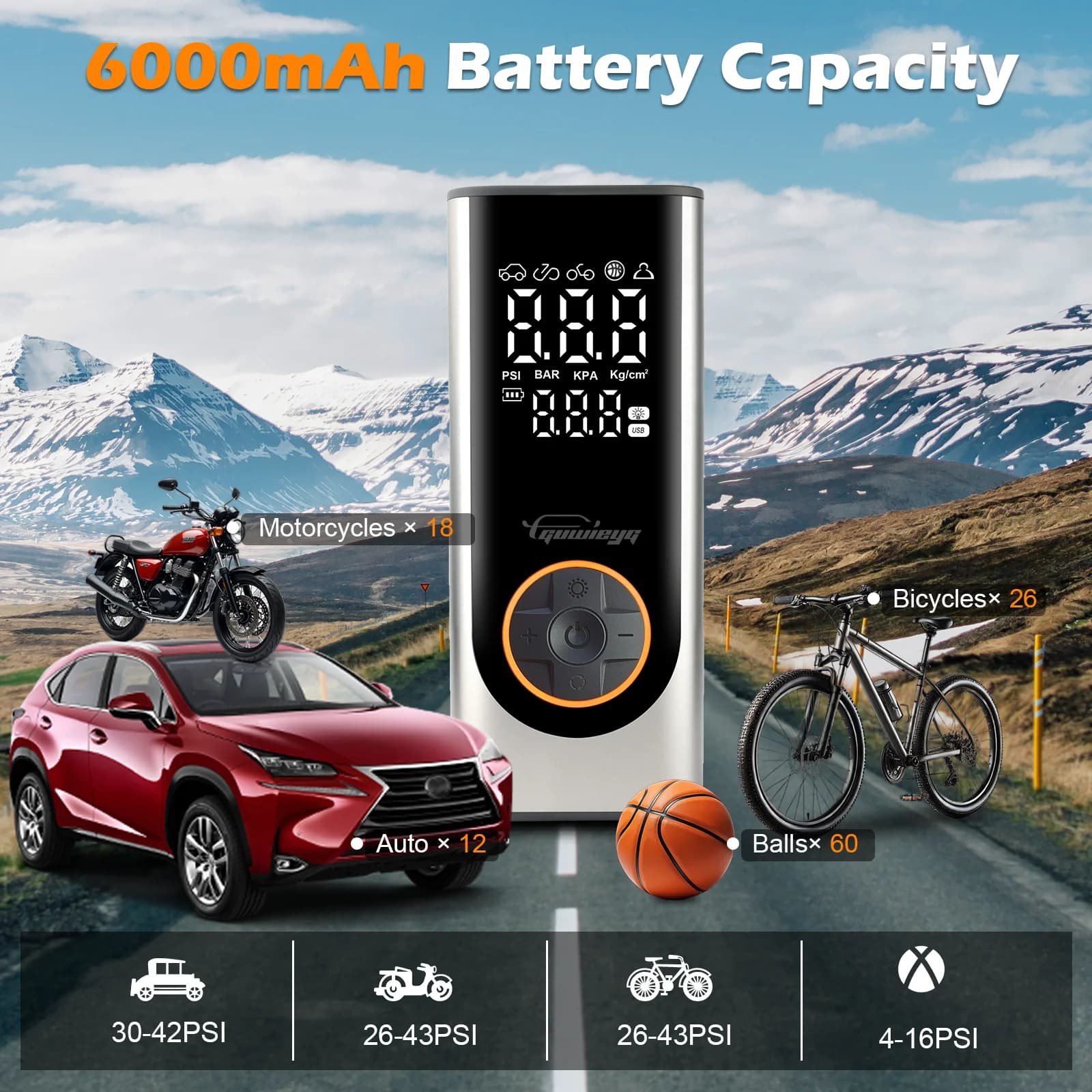 Gonfleur électrique sans fil GUWIEYG intelligent avec détection de pression digitale - Pour voiture et vélo portable