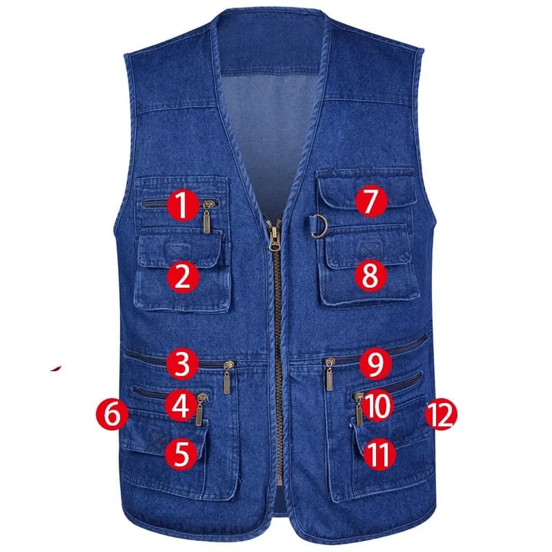 Veste sans manches en jean coton homme 16 poches casual outdoor plus taille 5XL