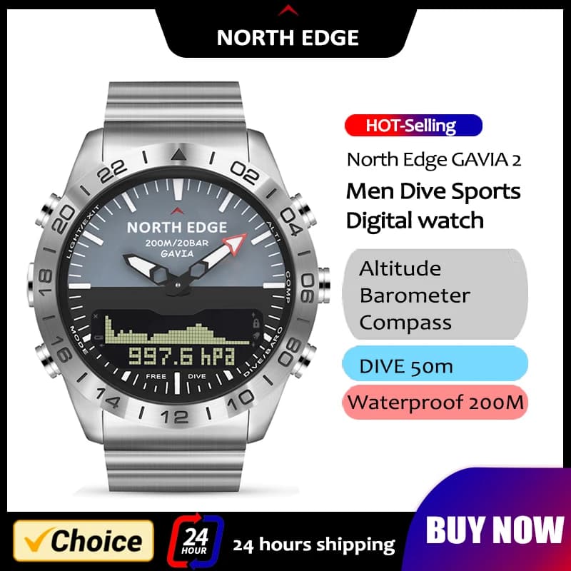 NORTH EDGE montre plongée militaire - Smartwatch acier inox étanche 200m boussole altimètre baromètre pêche