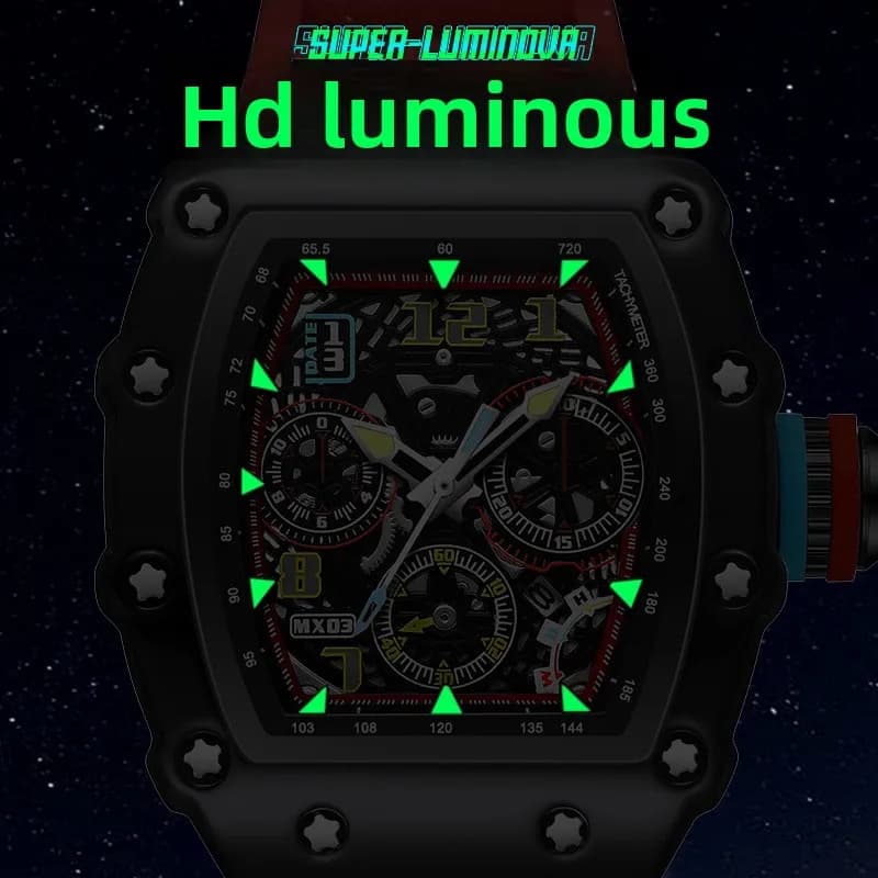 Montre homme mécanique squelette Richard avec calendrier lumineux étanche et style luxe tendance