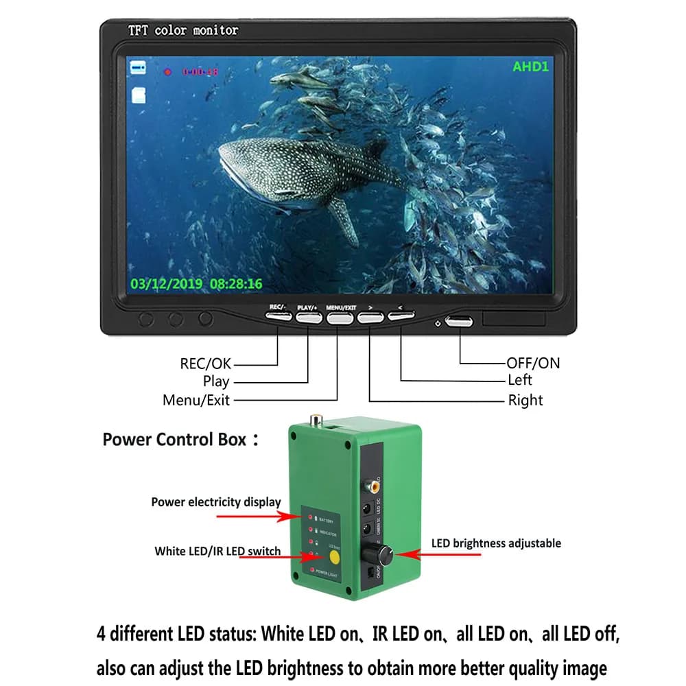 Détecteur de poissons hiver avec caméra sous-marine 7 pouces HD - Écran 1280x720 carte 16G pour pêche mer/glace/bateau