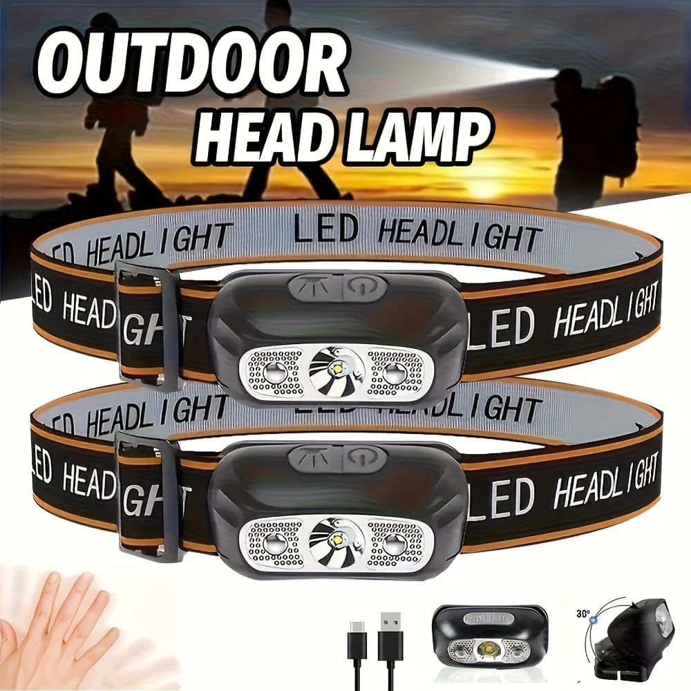 Lampe frontale LED étanche rechargeable USB pour pêche - Détection automatique - Lampe de secours