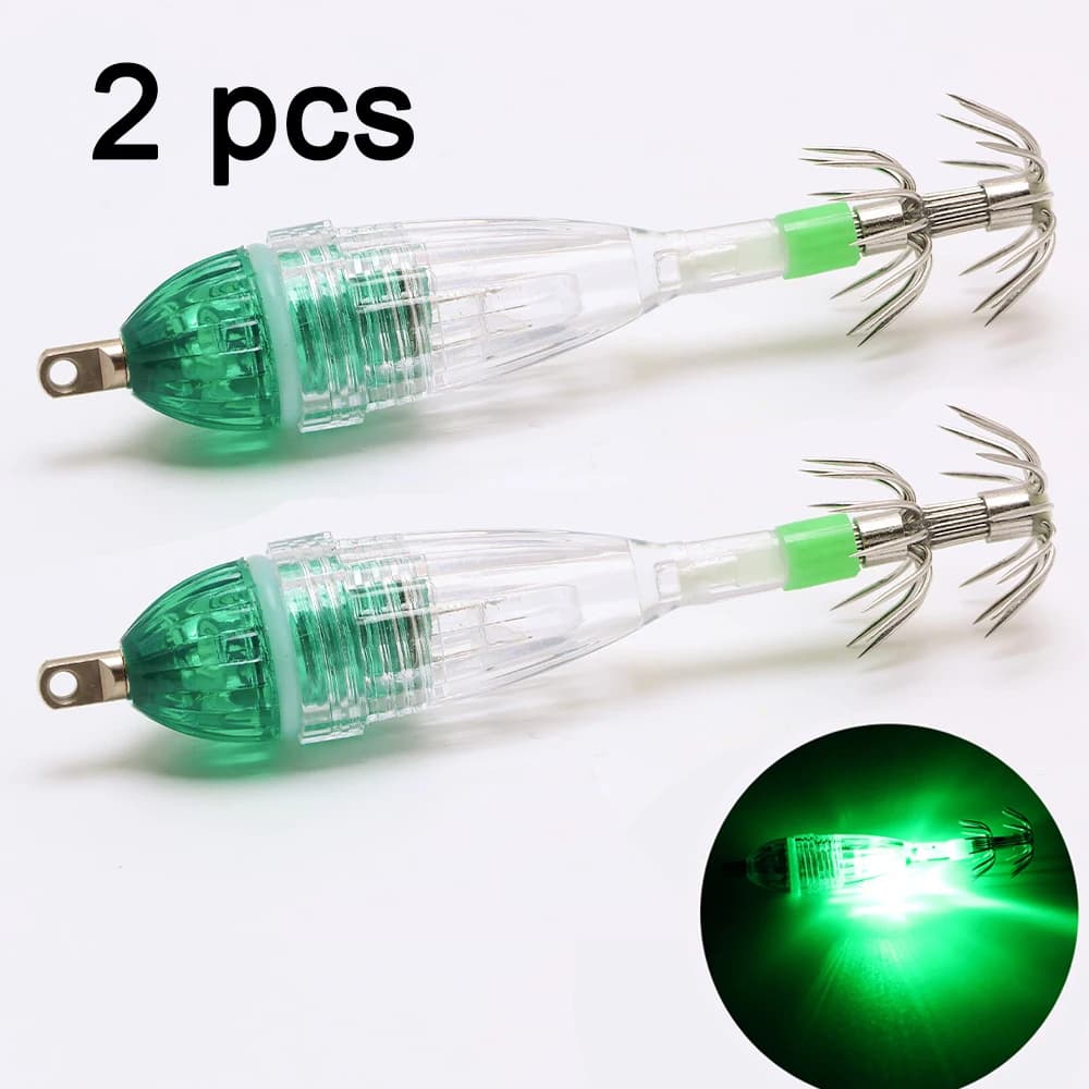 2 lumières de pêche avec hameçons LED clignotantes pour attirer calmars la nuit sous l'eau