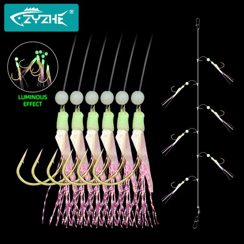 Hameçons Sabiki lumineux ZYZHE pour pêche en mer et eau douce - 6 hameçons peau de poisson réelle
