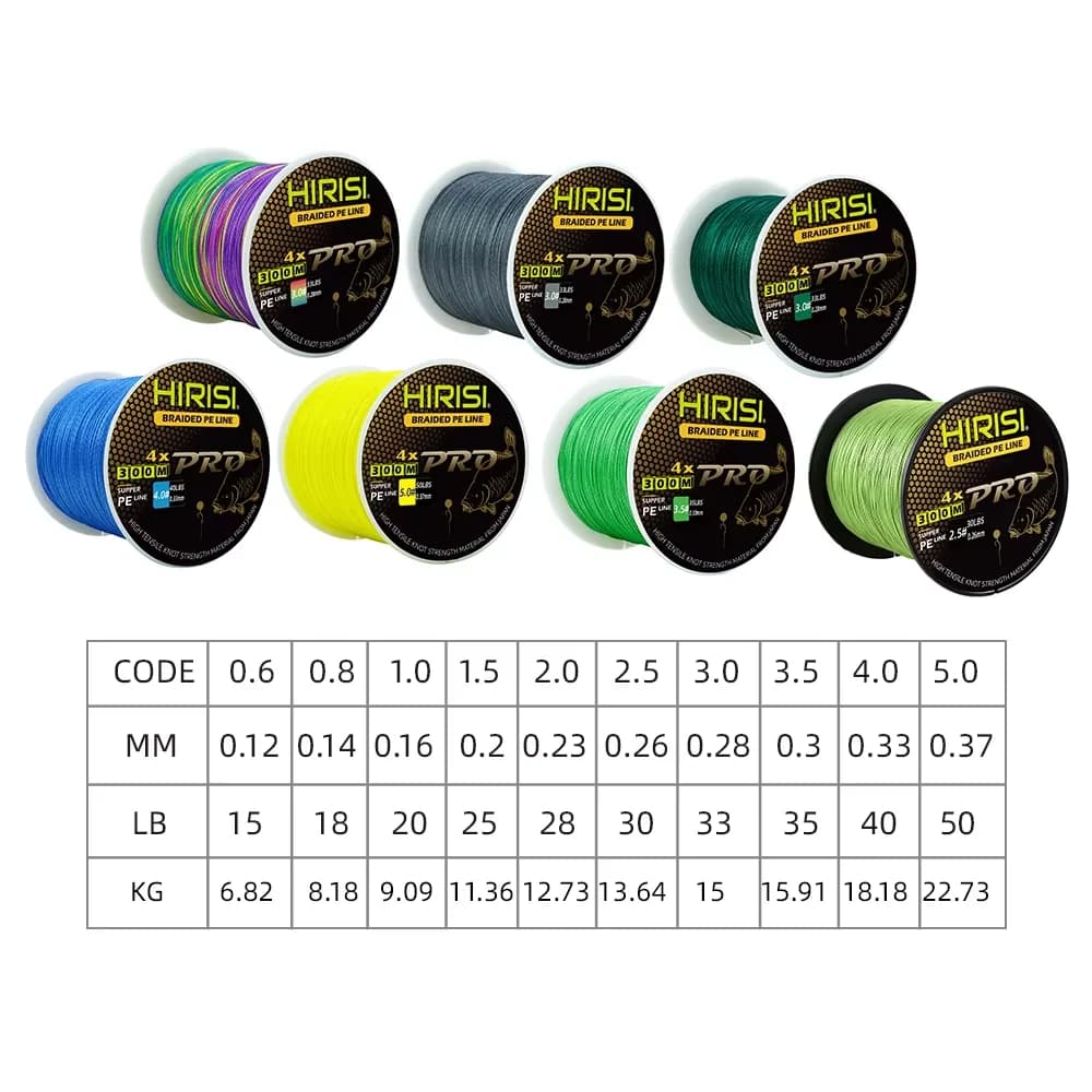 Ligne tressée Hirisi 4 brins 300M PE pour carpe - Multifilament 15-50LB souple accessoires pêche