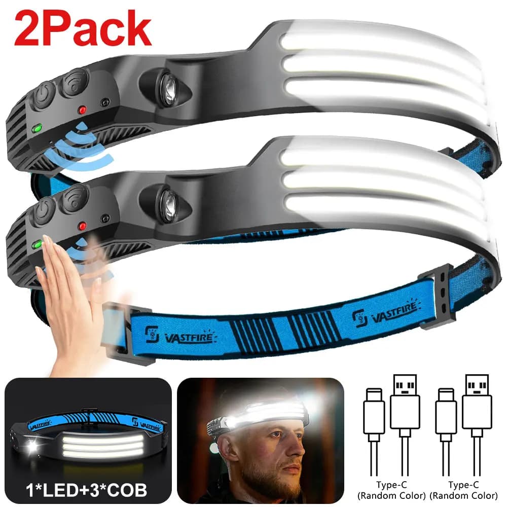 Lampe frontale LED rechargeable USB 10W détecteur de mouvement pour pêche nocturne et camping