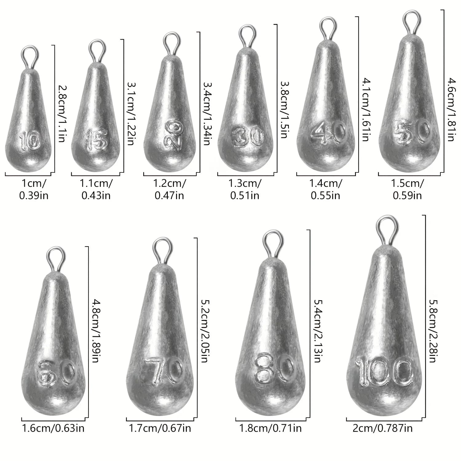 Plombs de pêche goutte 10 tailles pour drop shot et casting en eau douce et mer