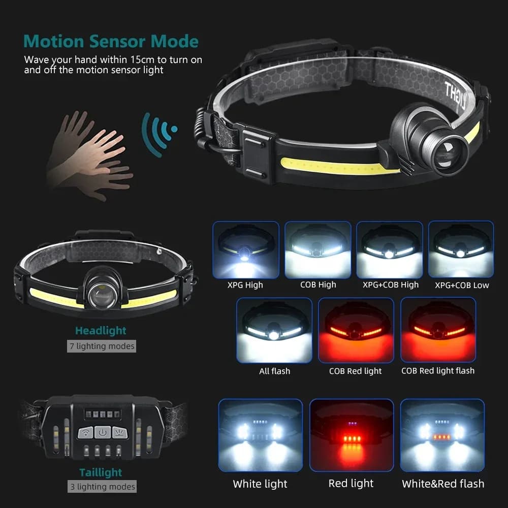 Lampe frontale pêche LED 7 modes XPE+COB avec capteur alimentation 18650 pour pêche et chasse