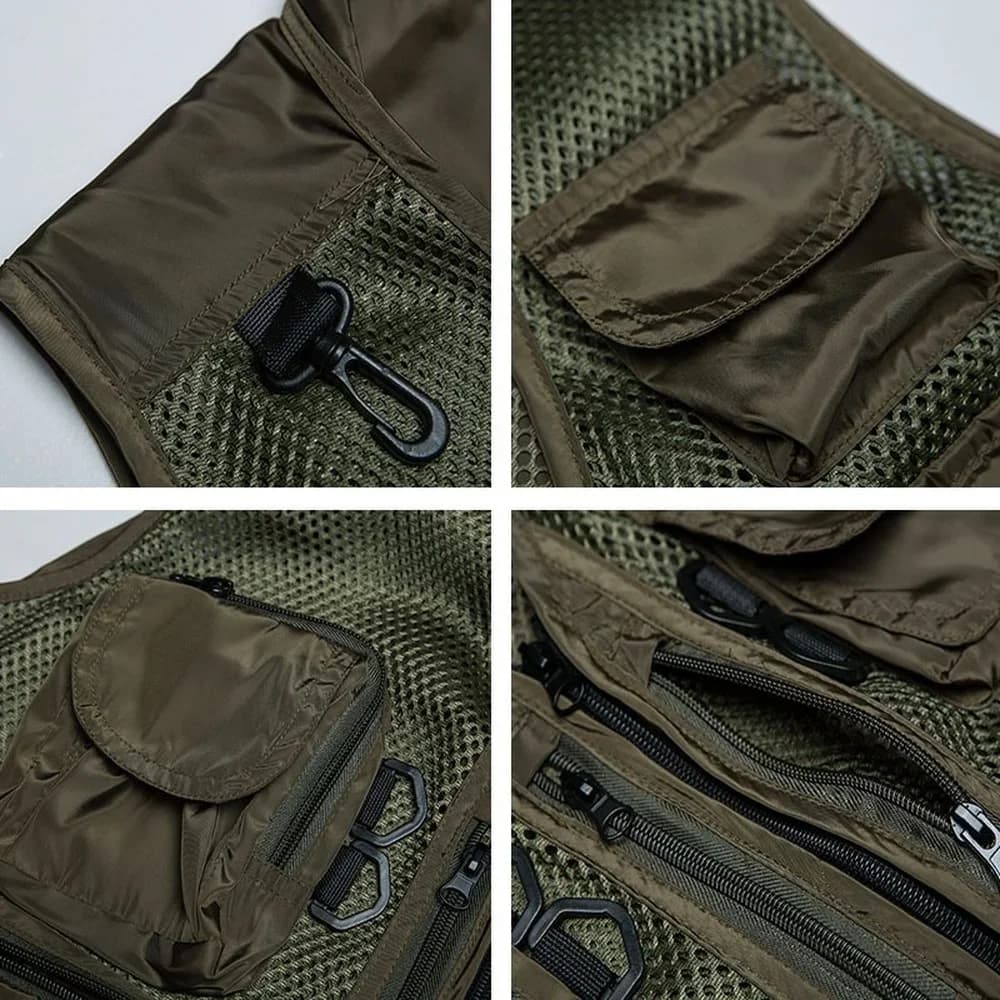 Veste estivale homme décontractée en mesh vert camouflage à multiples poches pour photographes
