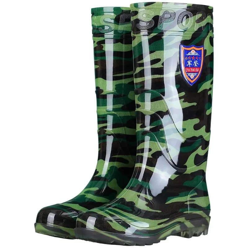 Bottes de pluie camouflage homme haut tube sécurité cuisine travail PVC genou adulte talon bas matériau tube