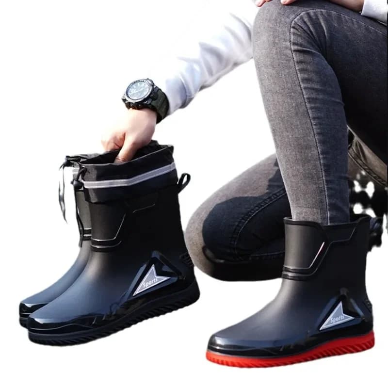 Bottes de pluie mi-mollet hommes mode avec bandes réfléchissantes, chaussures étanches élastiques grises pêche