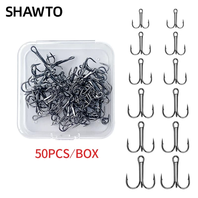 Shawto 50 hameçons triples acier carbone barbelés - Matériel pêche complet en boîte pratique