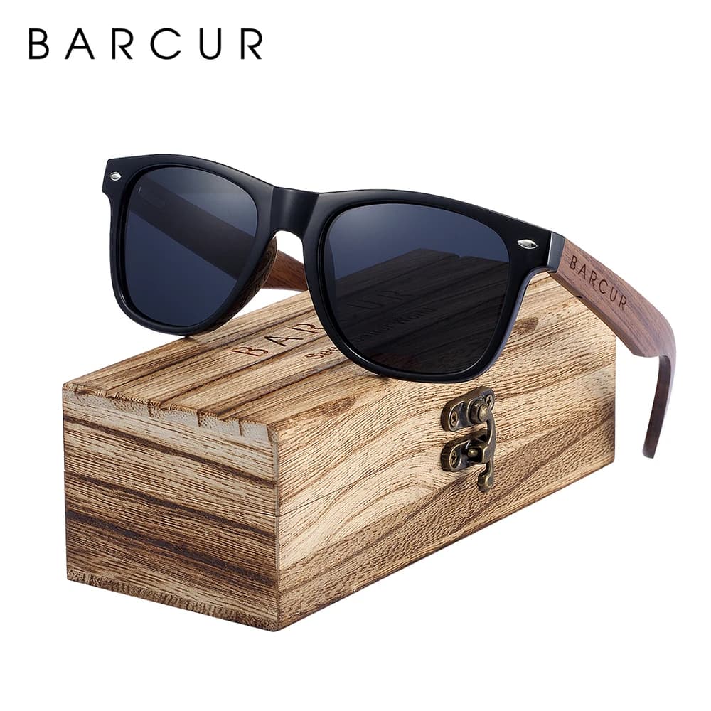 Lunettes de soleil bois noyer pêche - Cadre carré polarisé qualité premium UV400 avec étui