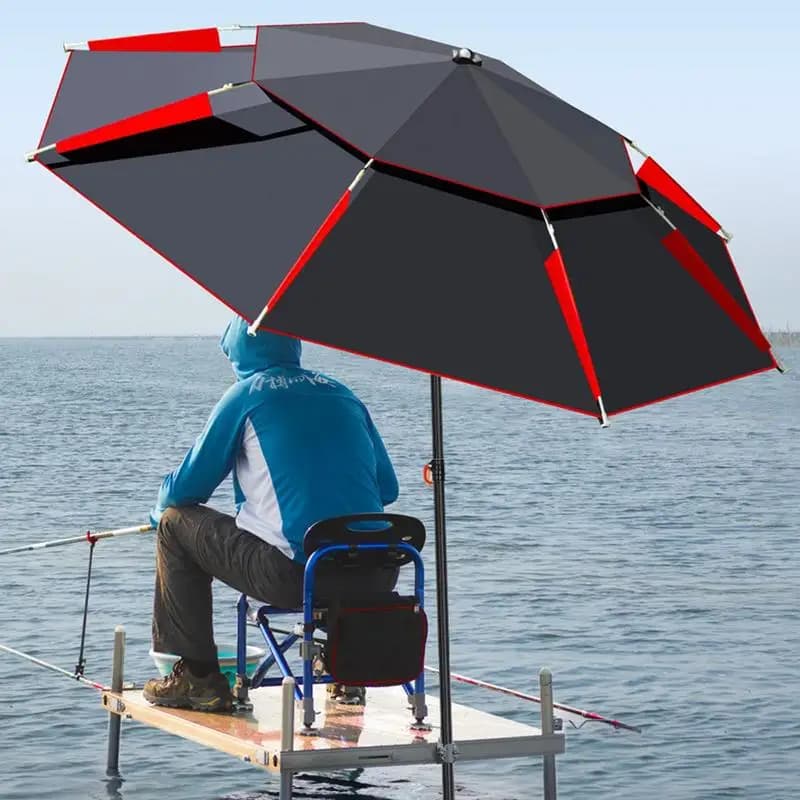 Parapluie pêche robuste double toit rond déporté grand format ombre soleil terrasse pêche ronde