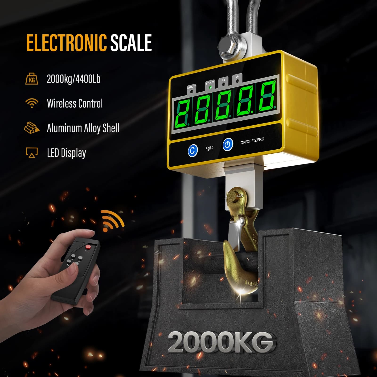 Pèse-bagages électronique grue 2000kg 2T rechargeable avec télécommande pour peser gros poissons thon requin
