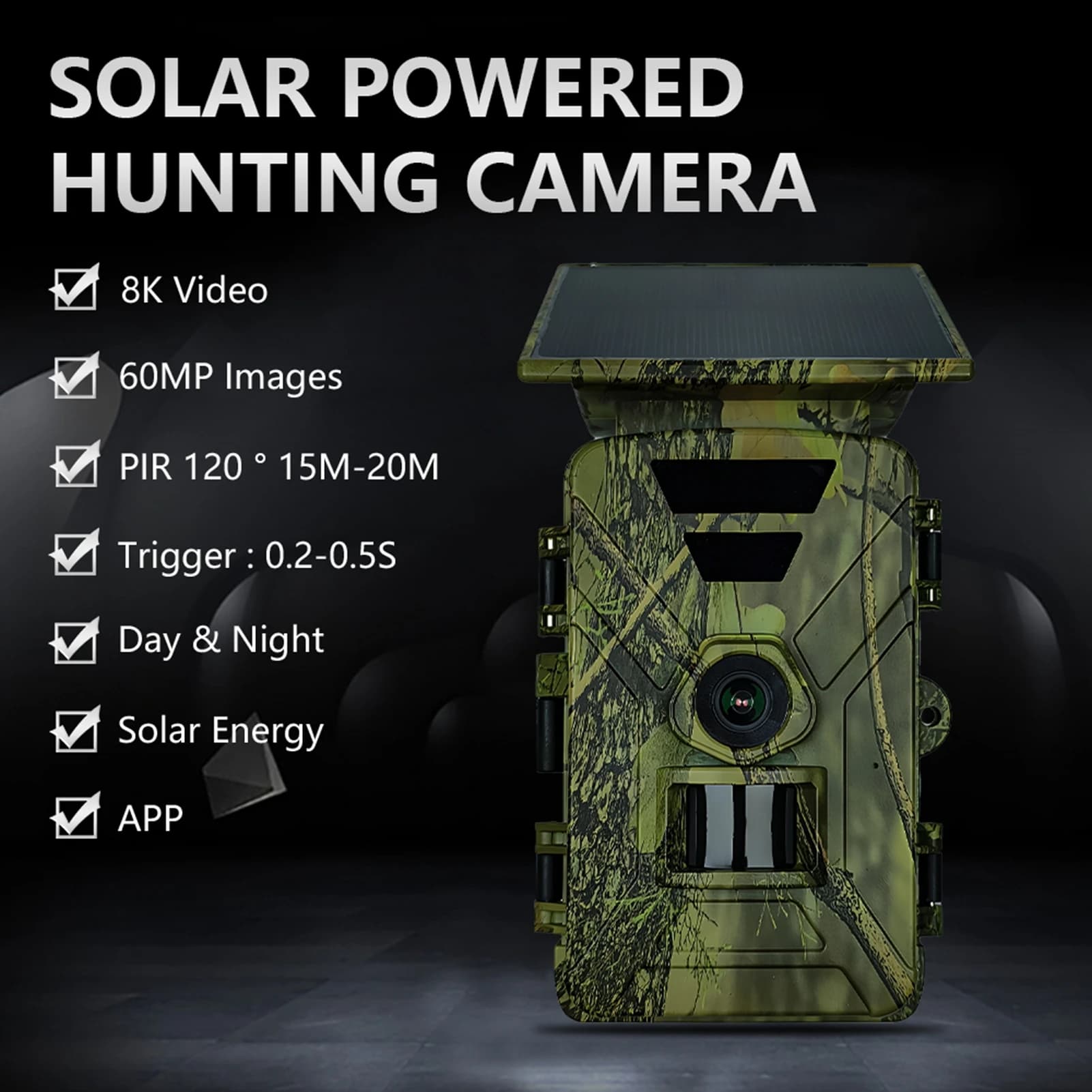 Caméra trail solaire 8K 60MP WiFi étanche pour observation extérieure des animaux de chasse nocturnes
