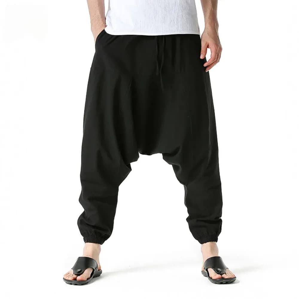 Pantalon harem homme coton lin baggy oversize loose jogger pêche confort yoga