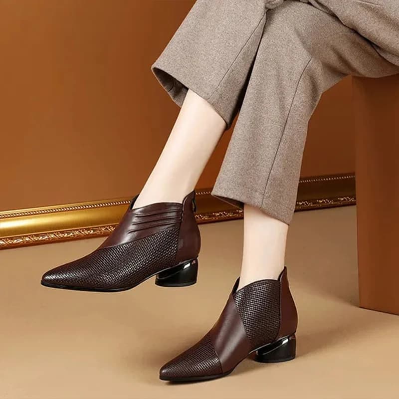 Bottes cheville cuir luxe femmes bout pointu 2024 talon bas bureau automne chaussures pêche