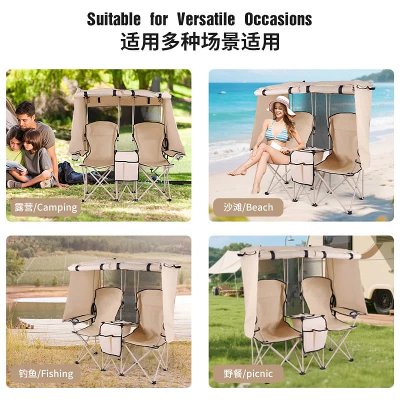 Paire de chaises pliantes double avec pare-soleil intégré pour pêche et plage en couple