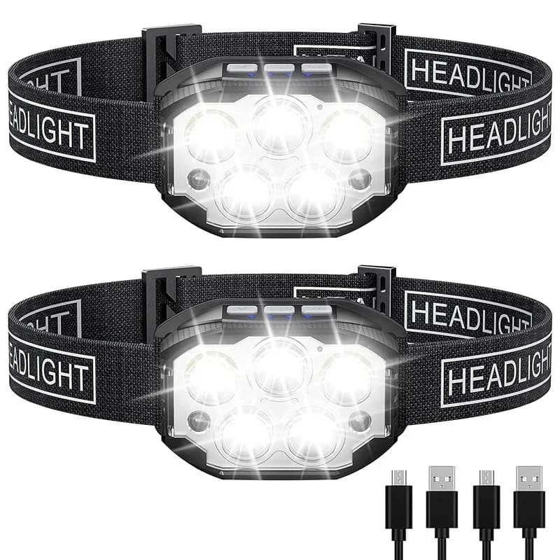 Lampe frontale LED 1200 lumens étanche avec capteur de mouvement rechargeable pour pêche en conditions humides