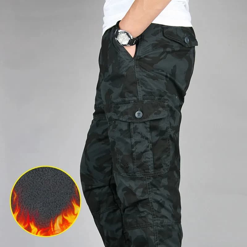 Pantalon cargo hiver double couche polaire pour pêche en eau froide - Camouflage épais et chaud