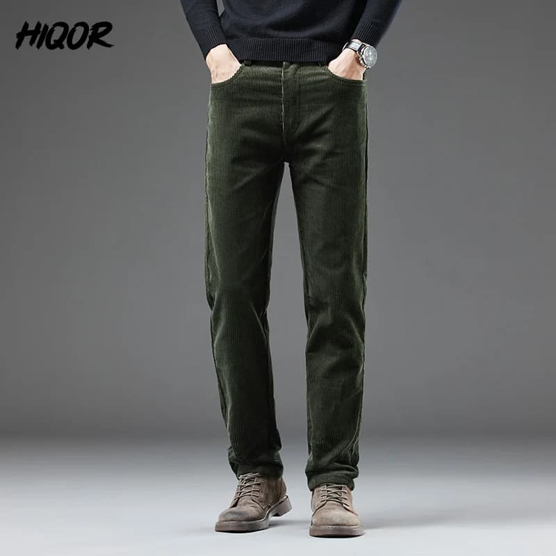 Pantalon velours côtelé homme hiver épais chaud pêche business casual vert foncé tendance