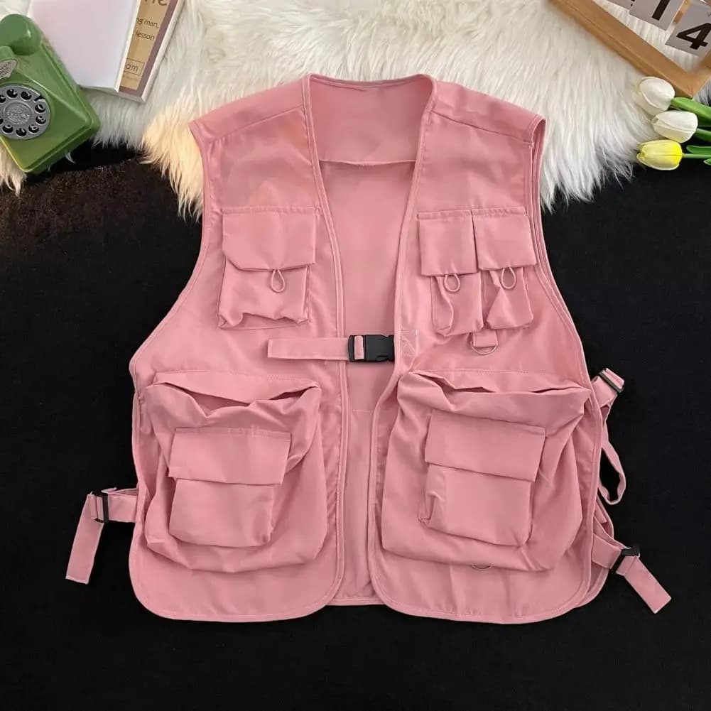 Gilet cargo multi-poches unisexe - Style hip-hop - Fermeture à boucles - Coupe ample décontractée
