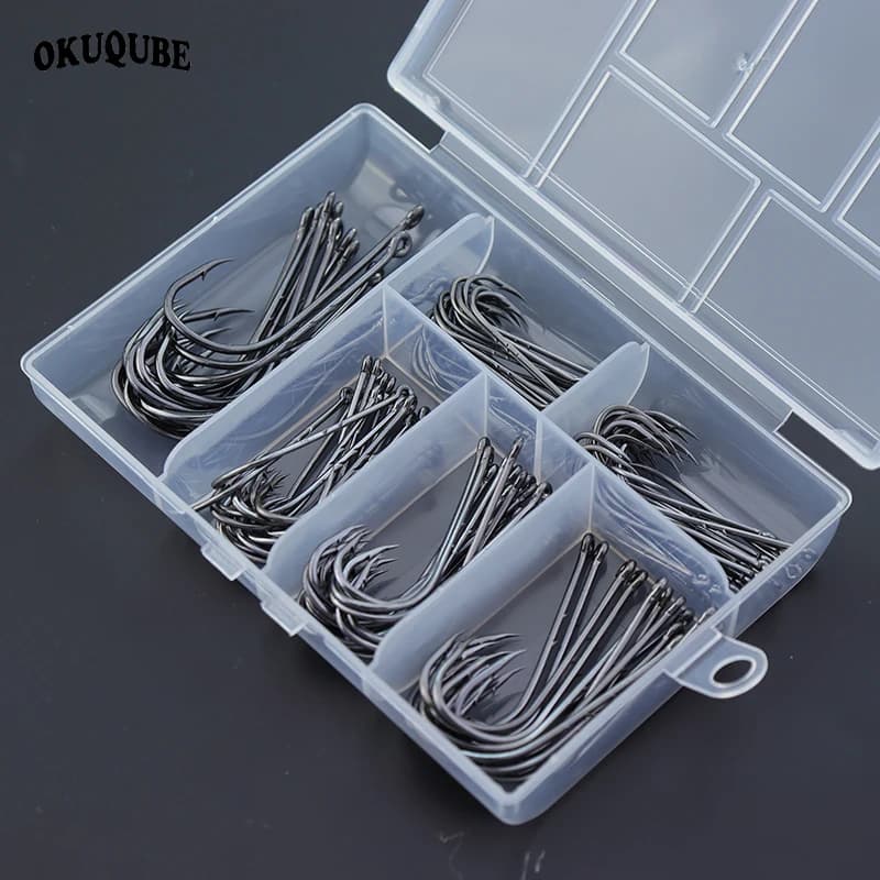 Boîte de 110 hameçons longue tige barbelés acier carbone pour pêche mer avec double appât - Hameçons océan