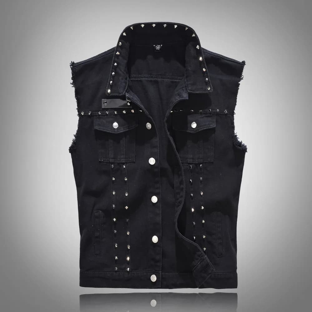 Veste denim rivetée punk pêche printemps slim fit sans manches grande taille 6XL veston homme