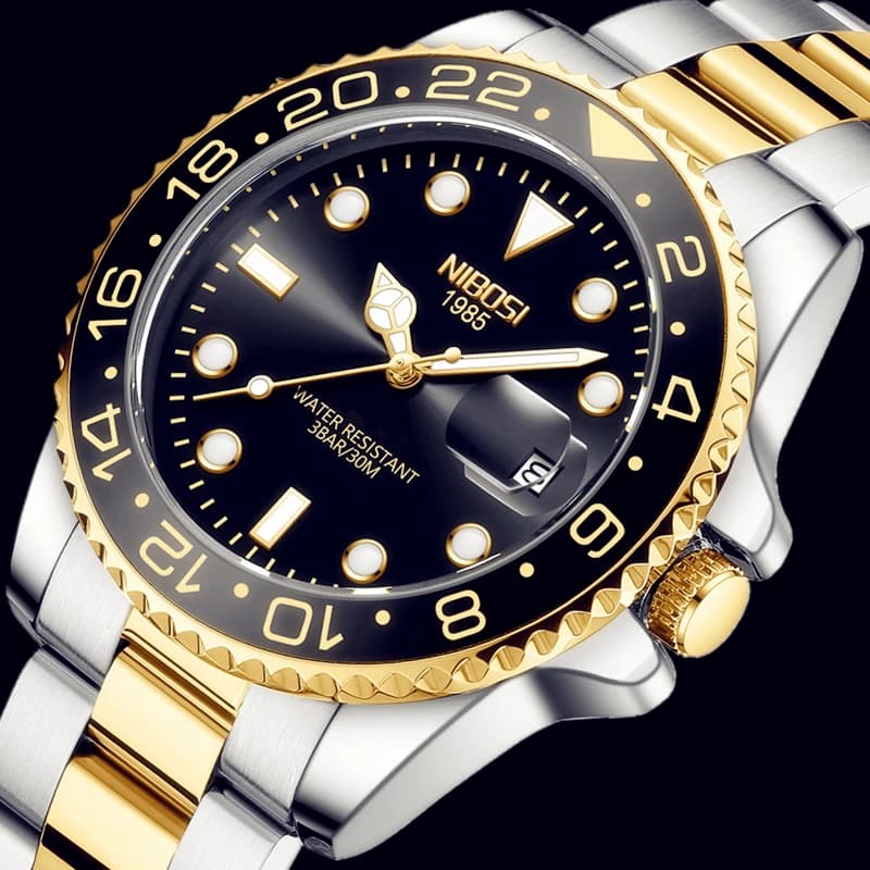 Montre homme NIBOSI or noir luxe quartz étanche - Marque haut de gamme acier inoxydable lumineuse Role