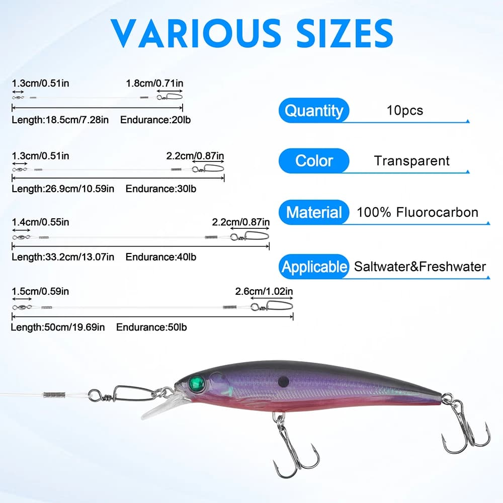 10 bas de ligne fluorocarbone 20-50LB avec émerillon - Invisibles sous l'eau pour montages leurres