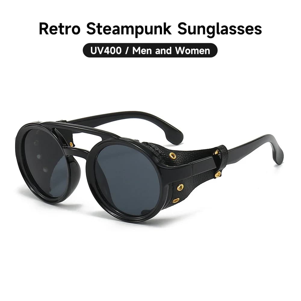 Lunettes de soleil rétro steampunk homme femme UV400 - Style vintage cuir pour sports extérieurs