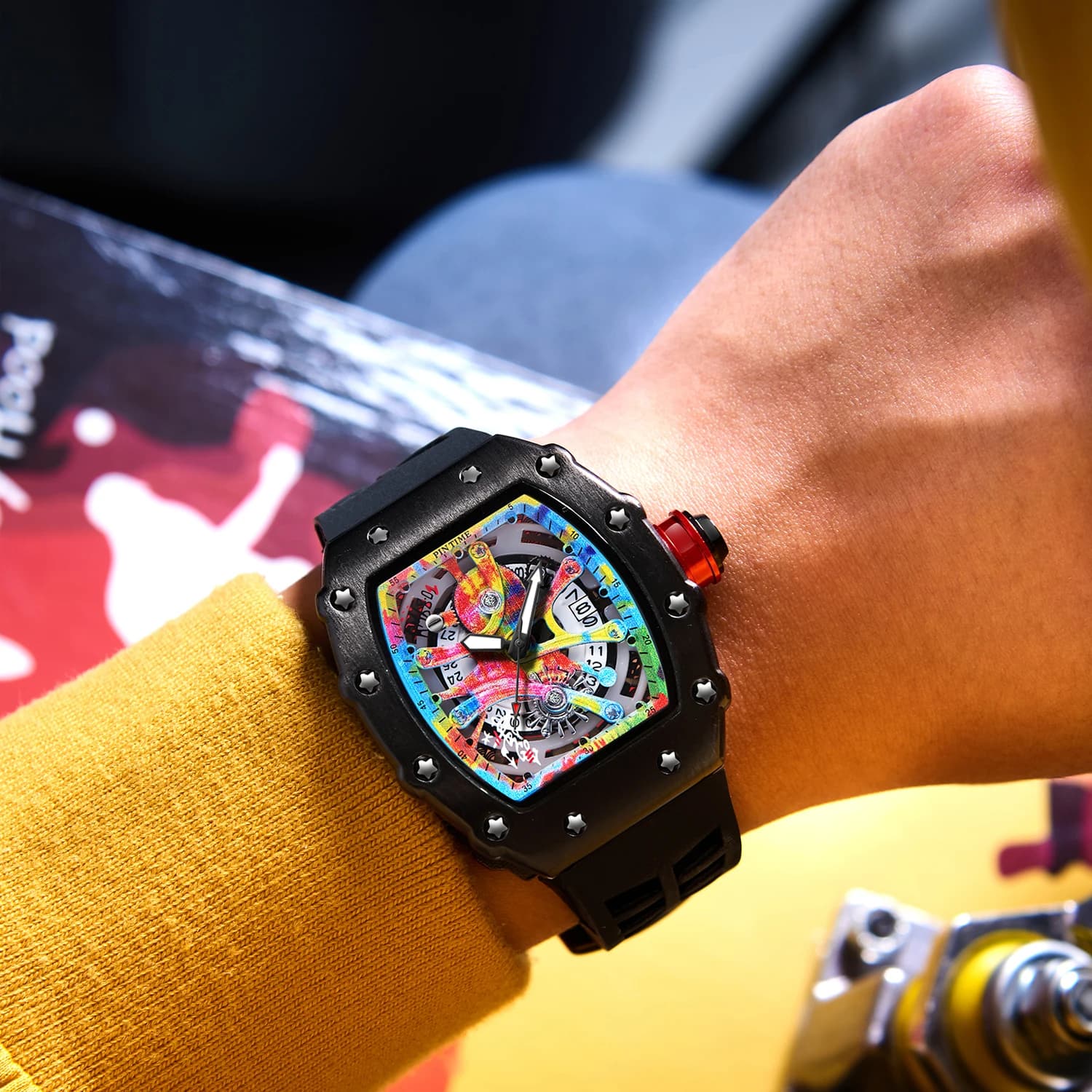 Montre homme luxe tonneau multifonction cadran graffiti automatique étanche sport quartz occasion