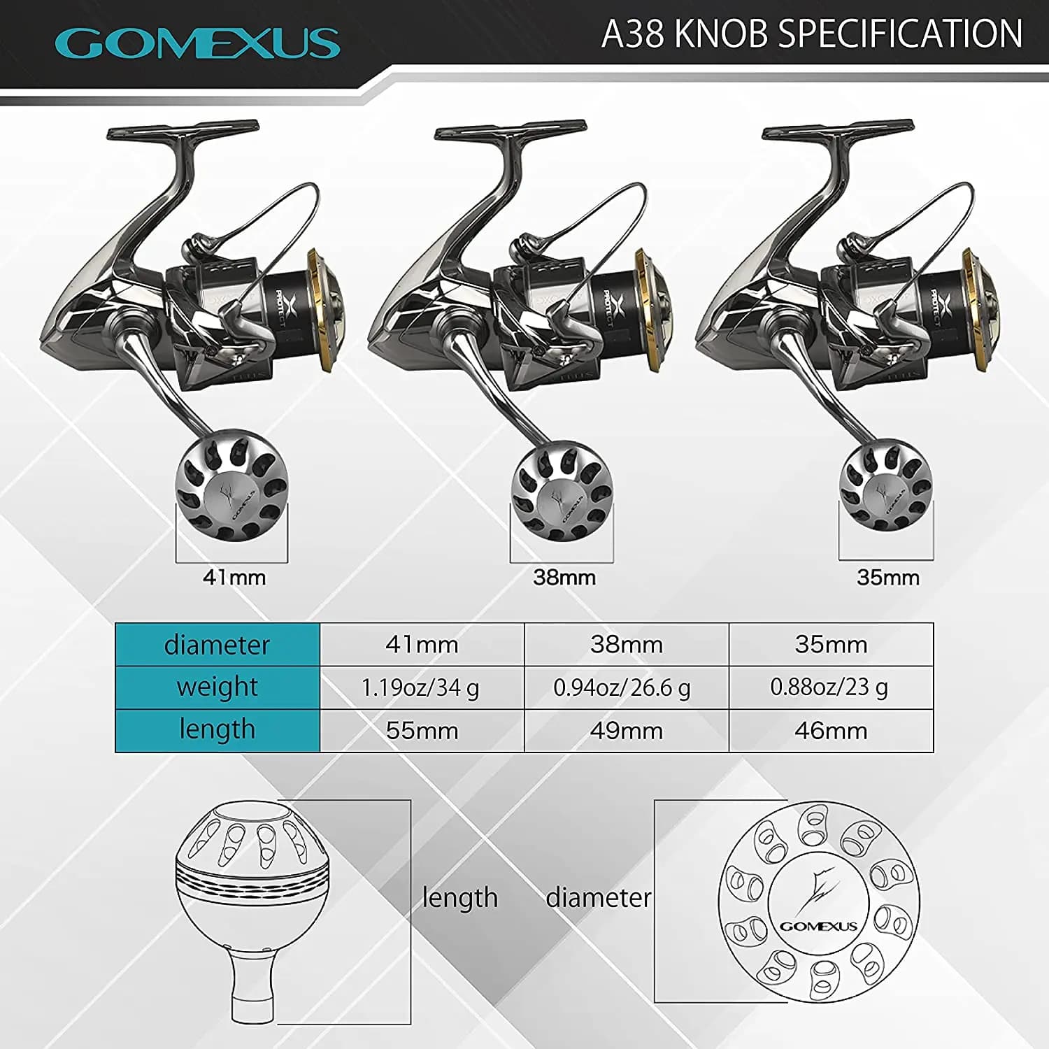 Poignée Gomexus pour moulinet Daiwa Shimano 3000-5000 modèle sedona 38-41mm pêche confort