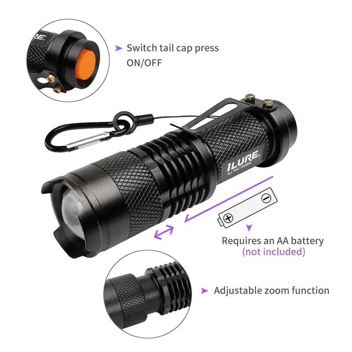 Lampe UV torche LED 395nm pour pêche leurres et calamars - éclairage zoomable et portable