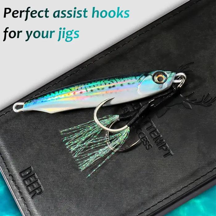 10 hameçons assistés pour leurres de pêche slow jigging en acier haute teneur carbone, plume et barbelures