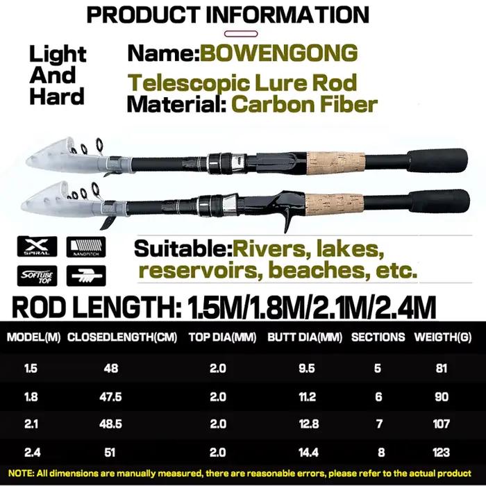 Canne télescopique pêche leurres carbone 1.5m à 2.4m casting 8-25g manche bois pour pêche en déplacement